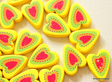 Yellow, Green, Red And Orange Heart Wood Beads x 5